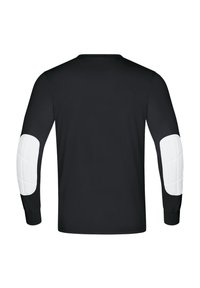 Zwarte blouse met lange mouwen, voorzien van witte gewatteerde elleboogaccenten, een ronde halslijn en een soepele, lichte textuur.