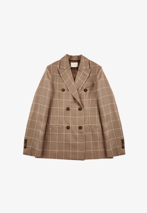 Blazer a quadri marrone con design doppiopetto, realizzato in tessuto testurizzato, dotato di due tasche frontali e con dettagli in bottoni marroni.