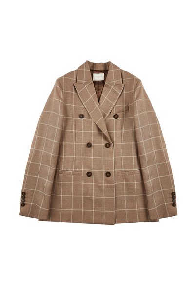 Blazer a quadri marrone con design doppiopetto, realizzato in tessuto testurizzato, dotato di due tasche frontali e con dettagli in bottoni marroni.