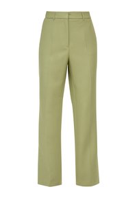 Pantalons taillés vert clair avec une coupe droite, présentant des détails de plis et une texture lisse et soyeuse. Pas de quincaillerie visible ni de motifs.