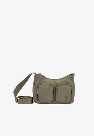 Prečni olivno zeleni torbici z nastavljivim trakom in dvema sprednjima žepoma z zadrgo, pri čemer eden vsebuje reliefno črko B.