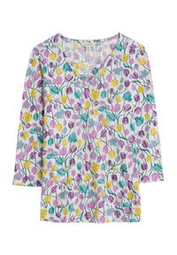 Top con stampa floreale con scollatura a V, caratterizzato da design di tulipani viola, gialli e turchesi su uno sfondo bianco. Realizzato in tessuto leggero.