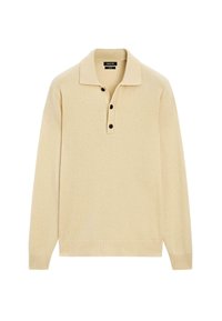 Pullover lavorato a maglia beige con colletto e tre bottoni neri. Presenta maniche lunghe e polsini e orlo a coste. Tessuto morbido.