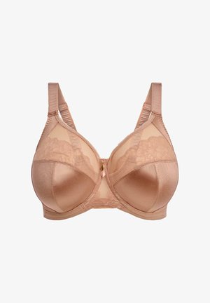 Rintaliivi vaaleassa beessissä, joka on yhdistelmä sileää satiinia ja kukkakuvioista pitsiä. Varustettu säädettävillä olkaimilla, muotoillulla tuella ja etuläpsäyksellä.