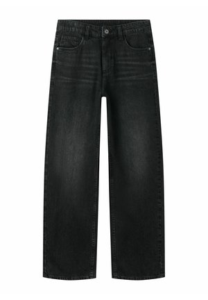 Jean denim noir à jambe droite avec bouton et fermeture éclair à l’avant, design cinq poches et détails légèrement délavés près des hanches.