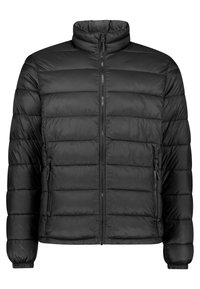 Giacca piumino nera con colletto alto, design trapuntato e zip frontale. Presenta due tasche laterali e polsini elasticizzati per una vestibilità aderente.