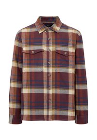 Kariertes Flanellhemd in Rot, Blau, Creme und Gelb. Besitzt eine Knopfleiste, zwei Brusttaschen und lange Ärmel mit Knopfabschlüssen.