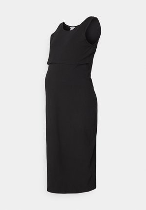 Sort graviditetskjole med ærmeløs design, buet bodystykke og knælang afslutning. Fremstillet af blødt, strækbart materiale for komfort.