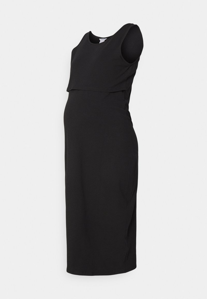 Μαύρο μιντι φόρεμα εγκυμοσύνης με αμάνικο σχέδιο, καμπυλωτό πάνω μέρος και μήκος μέχρι το γόνατο. Φτιαγμένο από μαλακό, ελαστικό ύφασμα για άνεση.