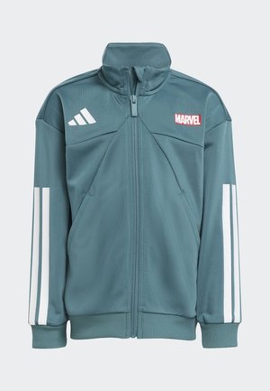 Green athletic jacket with high collar, zip closure, white stripe accents on sleeves, and a red Marvel logo on the chest.