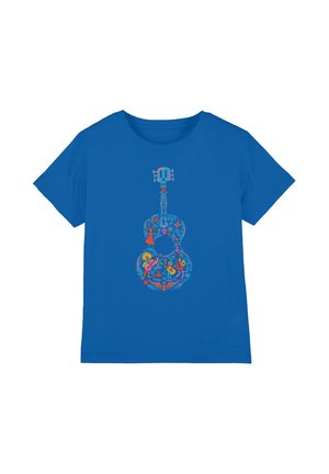 Blue cotton t-shirt featuring a guitar graphic in vibrant colors, with decorative illustrations of musicians and flowers.