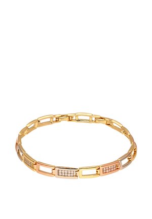 Goudkleurige metalen armband met aaneengeschakelde rechthoekige vormen en afwisselend gladde en gestructureerde oppervlakken, inclusief kristalaccenten.