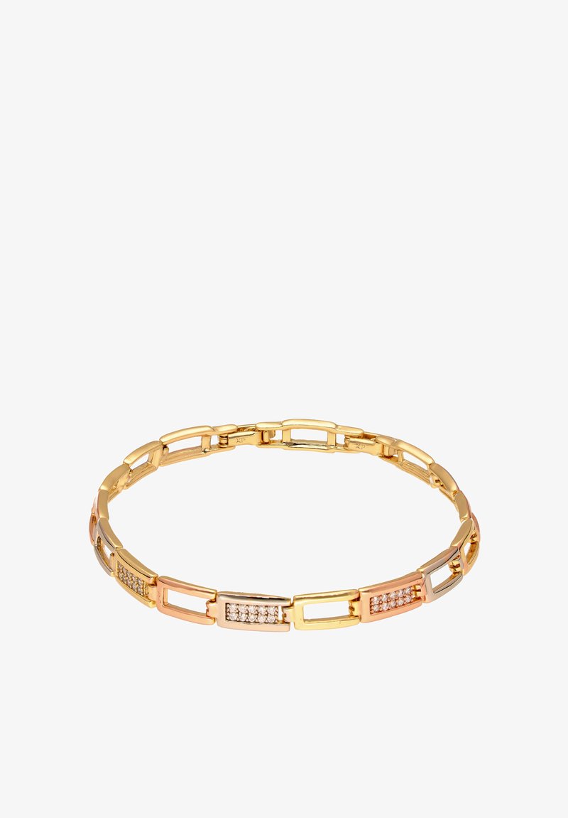 Goudkleurige metalen armband met aaneengeschakelde rechthoekige vormen en afwisselend gladde en gestructureerde oppervlakken, inclusief kristalaccenten.