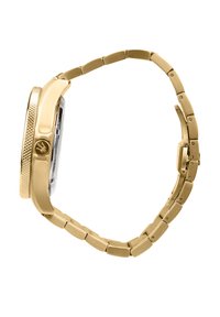 Guldfarvet armbåndsur med rund urkasse og struktureret bezel. Har et glat ledarmbånd, gennemsigtig urskive og en sikker lås.