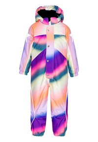 Színes téli hóruha, amely rózsaszín, lila és kék árnyalatokból álló gradienst mutat, cipzáras elejével, elasztikus mandzsettáival és kapucnijával.