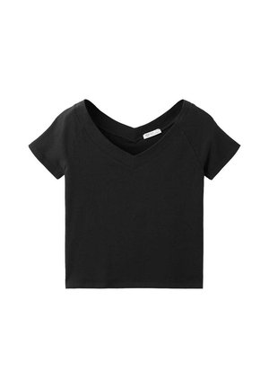 Zwart cropped T-shirt met korte mouwen, V-hals en zichtbare stiksels langs de mouwen en halslijn op een witte achtergrond.