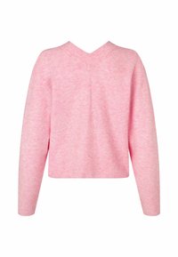 Roze gebreide trui met een V-hals, lange mouwen en een kort model. Getextureerde stof met subtiele lichte en donkere roze tinten.