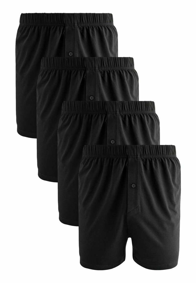 Boxers en coton noir avec une taille élastique et une braguette à boutons. Quatre paires empilées, présentant une texture lisse et un design simple.