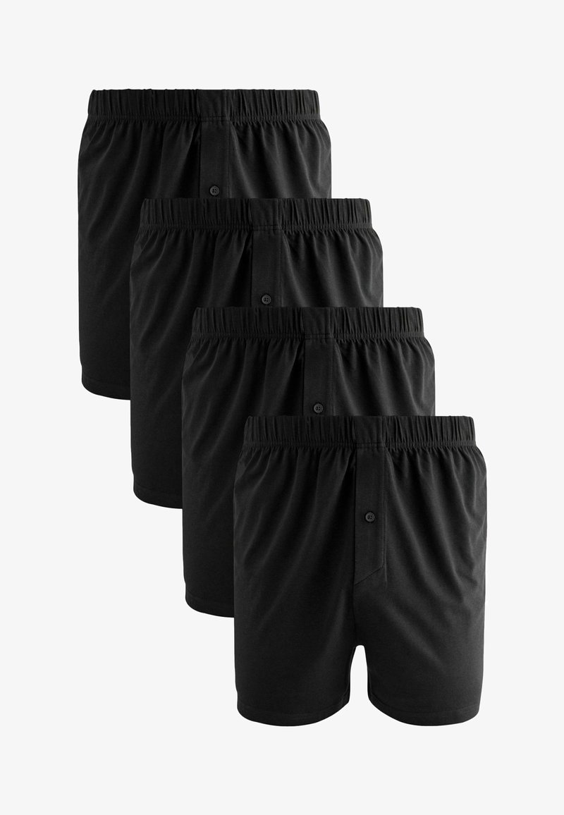 Bóxers de algodón negros con cinturilla elástica y bragueta abotonada. Cuatro pares apilados, con una textura suave y un diseño sencillo.