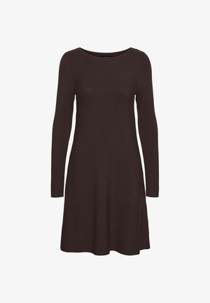 Langarm jurk in donkerbruin, gemaakt van ribbelstof, met een ronde halslijn en A-lijn silhouet. Geen opvallende patronen of accenten.