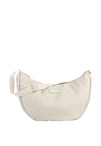 Beige Hobo-Tasche aus strukturiertem Nylon, mit verstellbarem Tragegurt und gesticktem Logo-Patch. Runde Form mit Reißverschluss.