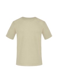 Beige T-Shirt mit kurzen Ärmeln, Rundhalsausschnitt, aus Baumwolle oder ähnlichem Material, glatte Textur, keine sichtbaren Muster oder Grafiken.