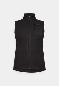 Zwarte fleece vest met een hoge kraag, gestructureerde stof, rits aan de voorkant en een ritszak op de borst. Bevat een klein logo op de zak.