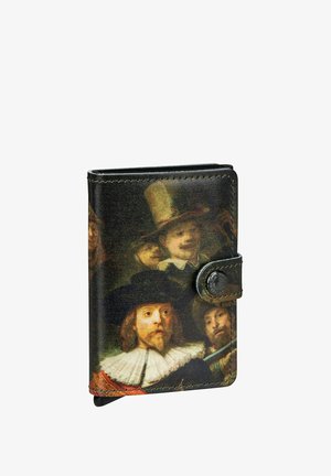 Rectangular wallet featuring a textured leather exterior adorned with a detailed artwork of several historical figures. Black color with snap closure.