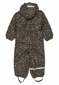 Leopardenmuster gefütterter Schneeanzug in Braun und Schwarz, mit Kapuze, elastischen Bündchen und reflektierenden Akzenten an den Beinen.