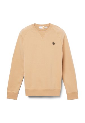 Felpa beige realizzata in morbido tessuto, con scollo rotondo, maniche raglan, polsini a coste e un piccolo logo nero sul petto.