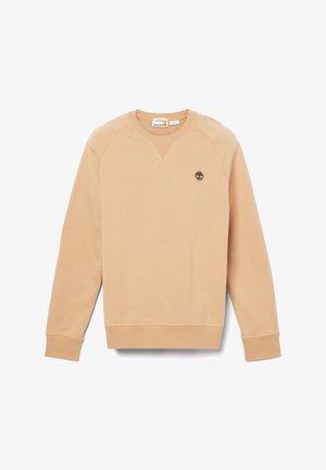 Beige Sweatshirt aus weichem Stoff, mit Rundhalsausschnitt, Raglanärmeln, gerippten Bündchen und einem kleinen schwarzen Logo auf der Brust.