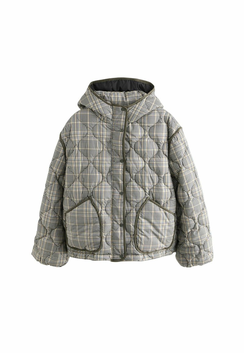 Quilted hooded jacket with checkered pattern, front pockets, snap button closure, and dark trim on cuffs and edges.