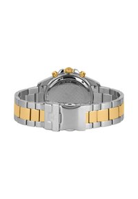 Correa de reloj de acero inoxidable en tonos plateados y dorados, con eslabones cepillados y pulidos, que presenta tres pulsadores dorados y un cierre con logotipo grabado.