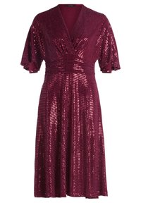 Burgundowa sukienka z cekinami o kroju kopertowym, z krótkimi falbaniastymi rękawami i wcięciem w talii, z długością do kolan w kształcie litery A.