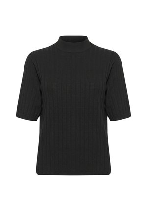 Top scurt cu maneci scurte din tricot negru cu o guleră înaltă, având un model texturat și o croială lejeră.
