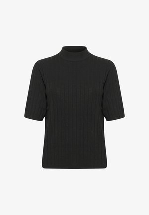 Black ribbed knit short-sleeve top with a high neckline, featuring a textured pattern and a relaxed fit.