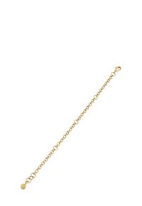 Gold chain bracelet with a lobster clasp and a small round charm at one end on a white background.