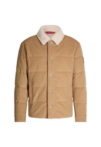 Giacca imbottita color sabbia in cotone cord, con colletto in finta pelliccia crema, bottoni automatici e una toppa sulla manica sinistra.