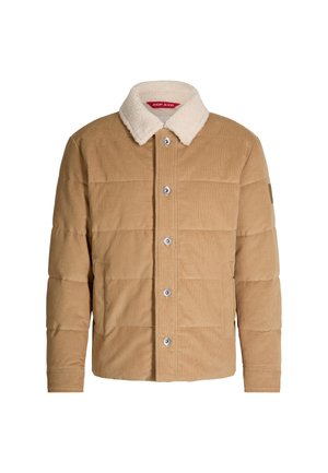 Karmelowa pikowana kurtka z kordurowego materiału, z kremowym kołnierzem z sztucznego owczej wełny, zatrzaskami oraz naszywką na lewym rękawie.