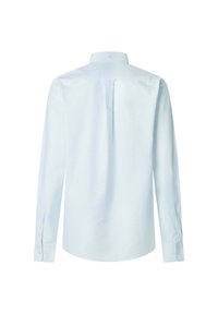 Lichtblauwe langesleeve shirt met subtiele witte strepen, knoopmanchetten, een standaard kraag en een detail van een rugplooien. Katoenmengsel.