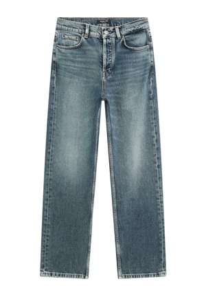 Light blue denim jeans with a straight leg, five pockets, and subtle fading. Features a top button and zipper closure, with white stitching accents.