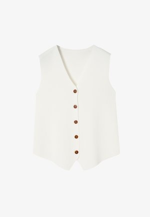 Witte mouwloze top met een V-halsontwerp, voorzien van zes bruine knopen aan de voorkant en een gladde, gestructureerde stof.