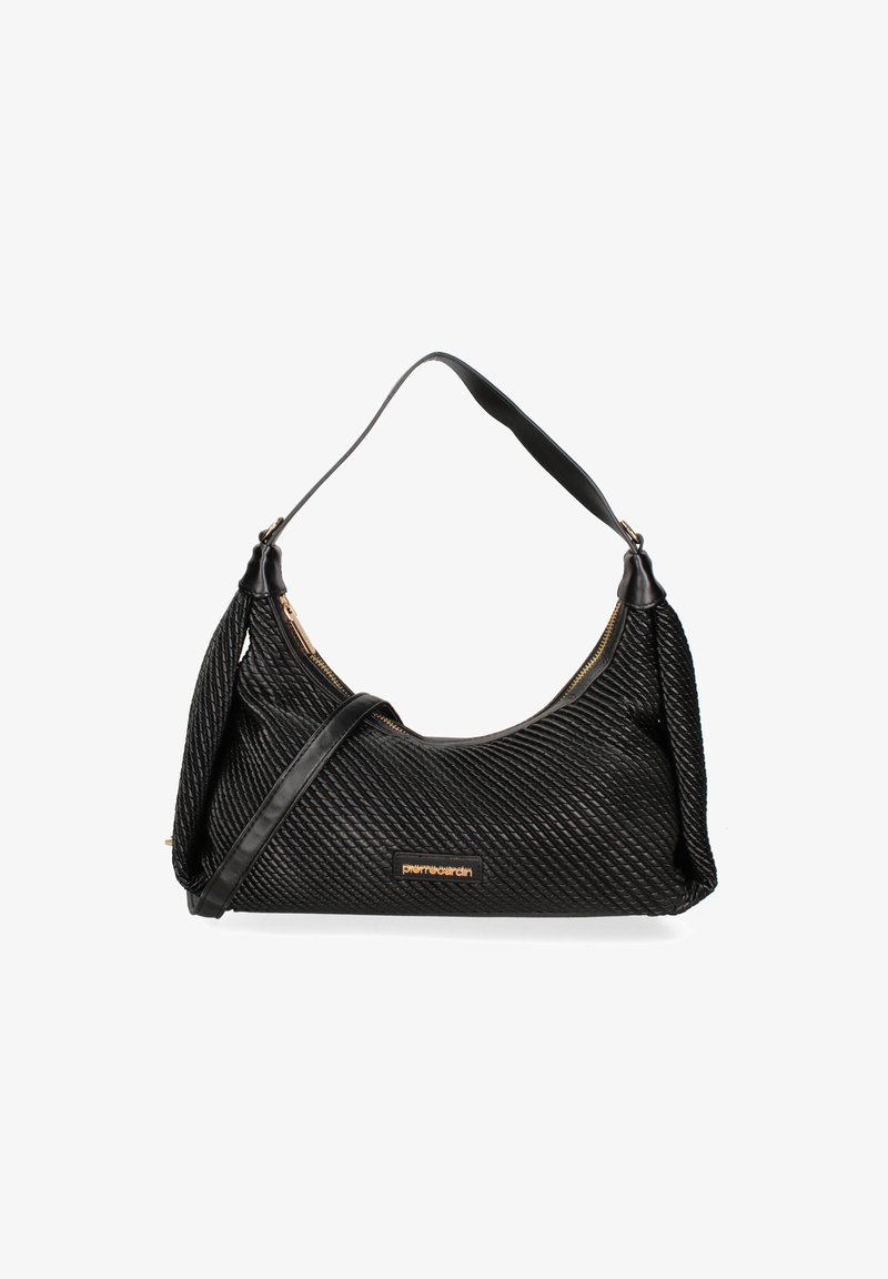 Zwarte handgeweven handtas van textuurmateriaal, met een gebogen vorm, gouden ritssluitingen en een korte schouderband om te dragen.