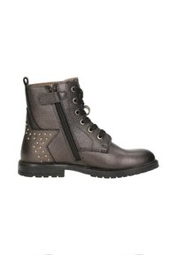 Donkerbruin leren enkelboot met een gestructureerde afwerking, veters aan de voorkant, een zijrits en gouden studs die een ster op de hak vormen.