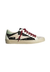 Zapatillas con un diseño multiamaterial en negro brillante, crema y acentos en menta, rematadas con cordones color marrón y una suela marrón claro.