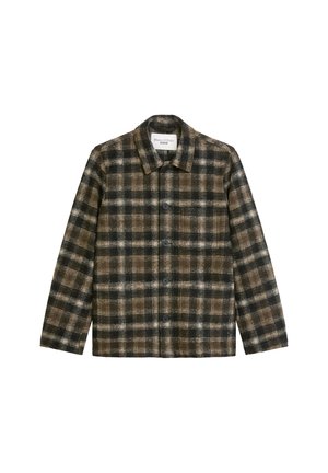 Karierte Jacke aus strukturiertem Stoff in Braun, Schwarz und Creme. Verfügt über einen Kragen, eine Knopfverschlüsse und lange Ärmel.