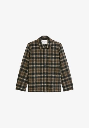 Geklede jas gemaakt van textuurstof in bruin, zwart en crème kleuren. Bevat een kraag, knoopsluiting en lange mouwen.