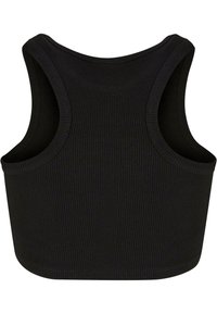 Must muströöpidega lühike topp, millel on laiad käeaukud ja ümar kaelus. Kanga tekstuur on pehme ja veniv, sobides igapäevaseks kandmiseks.