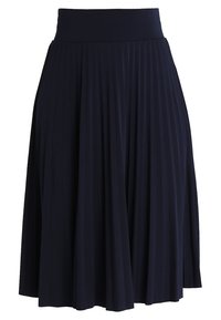 Dymple midi-hame, tummansininen, leveällä vyötärönauhalla, pehmeästä kankaasta valmistettu, virtaava muotoilu ja pystysuora tekstuuri.