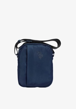 Dunkelblaue Crossbody-Tasche mit verstellbarem schwarzem Riemen, USPA-Logo mit einem Polo-Spieler geprägt auf der Vorderseite, kompakte rechteckige Form.